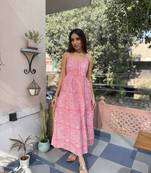 Pink cotton block printed strappy dress