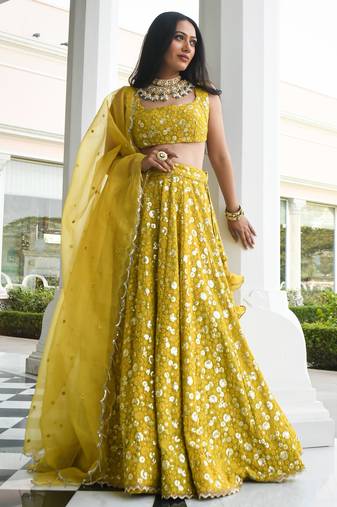 Glamorous Mehndi Thread Sequins Embroidery Silk Lehenga Choli with Dupatta