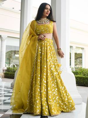 Glamorous Mehndi Thread Sequins Embroidery Silk Lehenga Choli with Dupatta 1