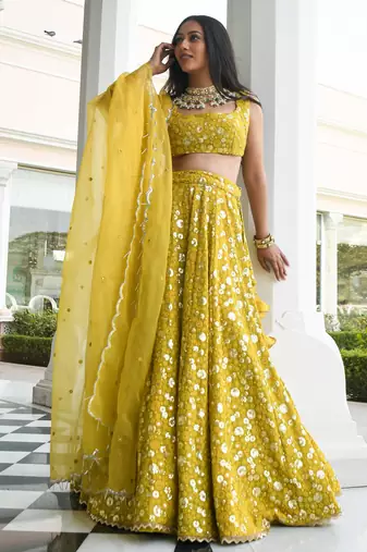 Glamorous Mehndi Thread Sequins Embroidery Silk Lehenga Choli with Dupatta