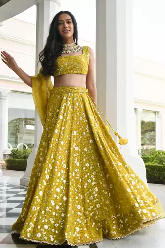 Glamorous Mehndi Thread Sequins Embroidery Silk Lehenga Choli with Dupatta