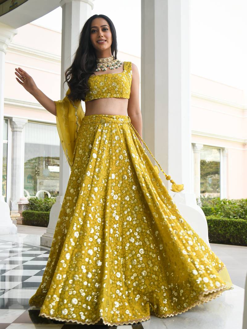 Glamorous Mehndi Thread Sequins Embroidery Silk Lehenga Choli with Dupatta