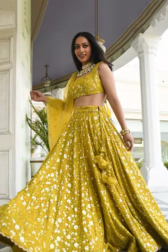 Glamorous Mehndi Thread Sequins Embroidery Silk Lehenga Choli with Dupatta