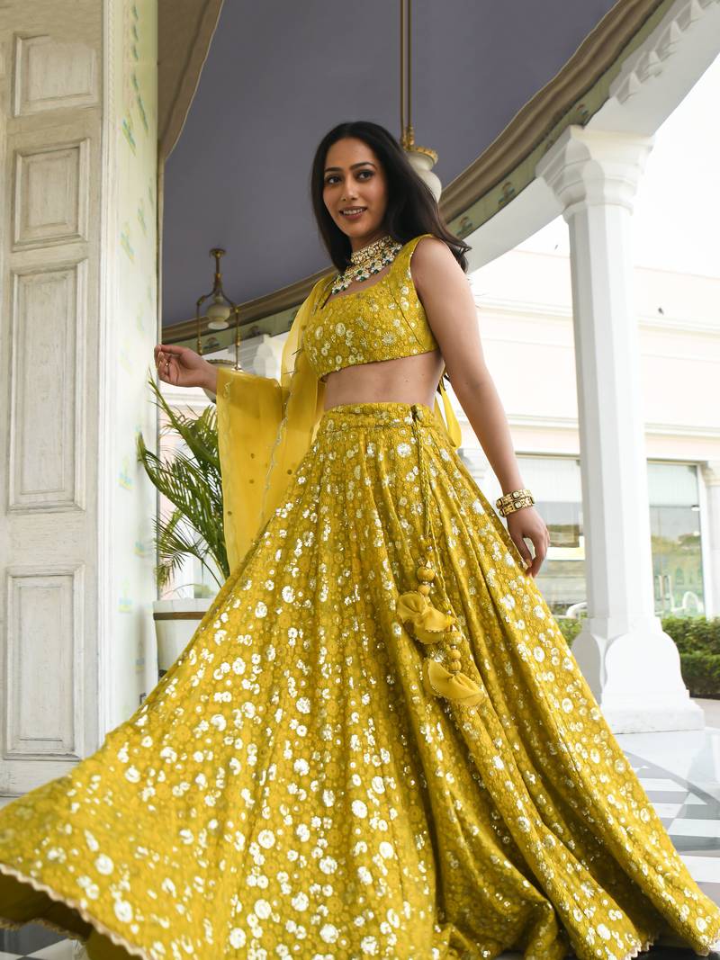 Glamorous Mehndi Thread Sequins Embroidery Silk Lehenga Choli with Dupatta