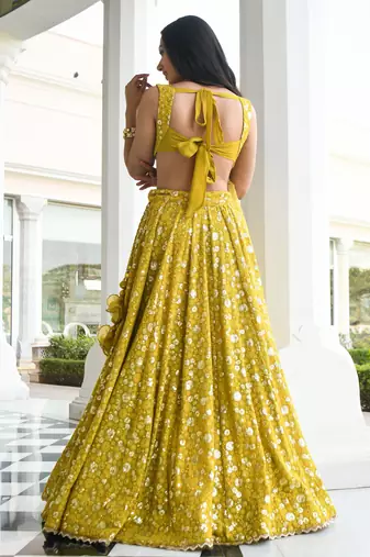 Glamorous Mehndi Thread Sequins Embroidery Silk Lehenga Choli with Dupatta