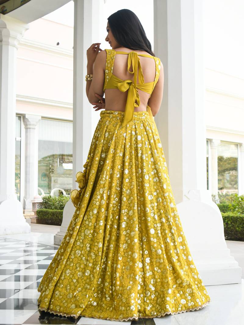 Glamorous Mehndi Thread Sequins Embroidery Silk Lehenga Choli with Dupatta