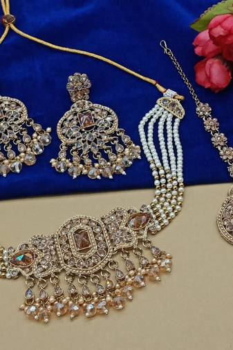 Victorian-inspired pearl choker set - cz necklace with gold lct beads - vintage maang tikka bridal collection