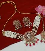 Traditional pearl choker set with kundan medallion gold-plated ruby red wedding jewelry maang tikka bridal collection