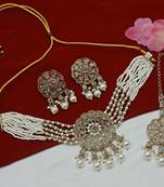 Traditional pearl choker set with kundan medallion gold-plated white wedding jewelry maang tikka bridal collection