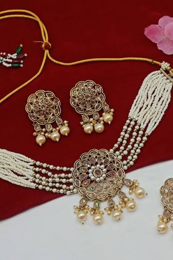 Traditional pearl choker set with kundan medallion gold-plated off white wedding jewelry maang tikka bridal collection