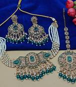 Victorian-inspired pearl choker set - cz necklace with green beads - vintage maang tikka bridal collection