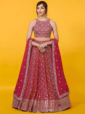  red sequins georgette lehenga set choli with dupatta 1