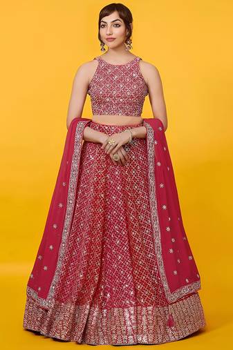  red sequins georgette lehenga set choli with dupatta