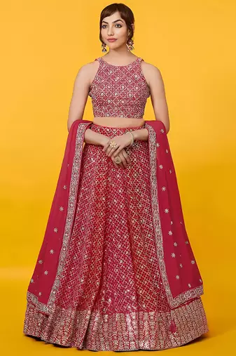 red sequins georgette lehenga set choli with dupatta