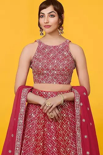  red sequins georgette lehenga set choli with dupatta