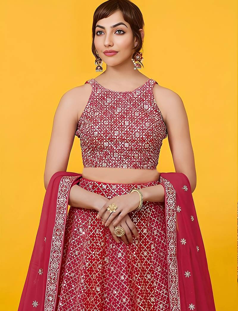  red sequins georgette lehenga set choli with dupatta