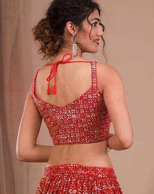  red sequins georgette lehenga set choli with dupatta 3