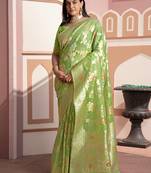 Green banarasi cotton silk saree with zari woven blouse