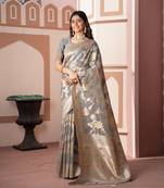 Grey cotton silk banarasi saree with intricate zari weaving