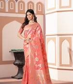 Peach zari woven banarasi cotton silk saree for graceful occasions