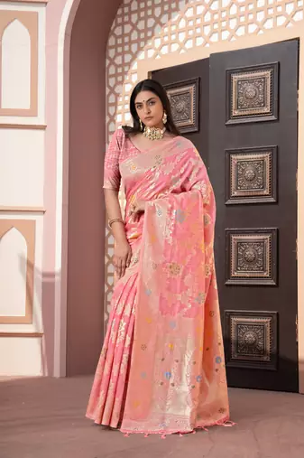 Pink exquisite cotton silk banarasi saree with matching zari blouse
