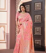 Pink exquisite cotton silk banarasi saree with matching zari blouse