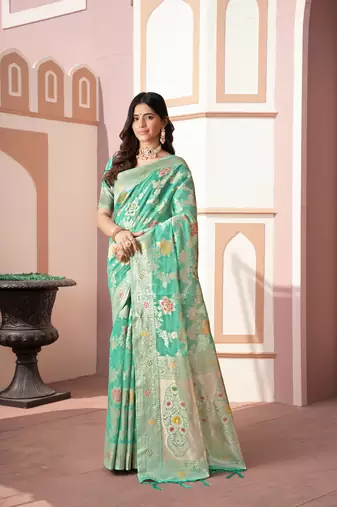 Sea green traditional banarasi saree in cotton silk with zari woven