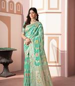Sea green traditional banarasi saree in cotton silk with zari woven
