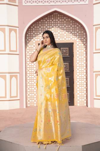 Yellow banarasi cotton silk saree with rich zari woven design