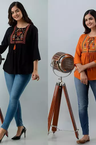 Pack of 2 indian handmade 90embroidered rayon fabric designer tops & tunics for bottomwear & jeans