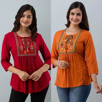 Pack of 2 indian handmade 90embroidered rayon fabric designer tops & tunics for bottomwear & jeans 1