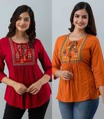 Pack of 2 indian handmade 90embroidered rayon fabric designer tops & tunics for bottomwear & jeans