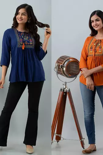 Pack of 2 indian handmade 90embroidered rayon fabric designer tops & tunics for bottomwear & jeans