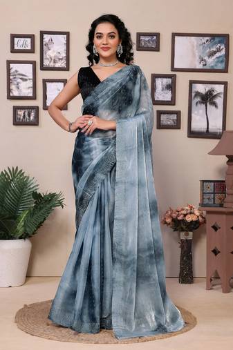 Grey Jimmi choo Diamond Border work saree with Conrust Blouse