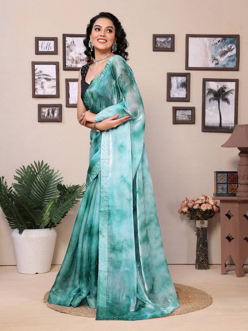 Rama Silk Saree With Zimmi Choo Diamond Work Saree With Contrast Blouse