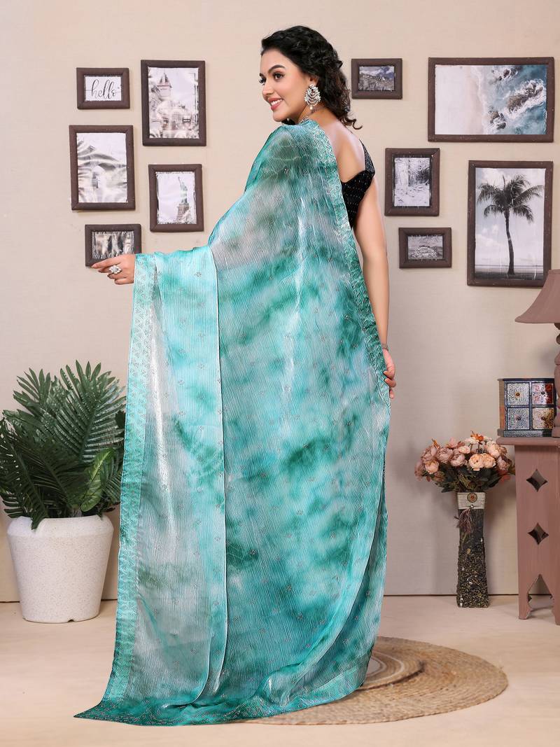 Rama Silk Saree With Zimmi Choo Diamond Work Saree With Contrast Blouse
