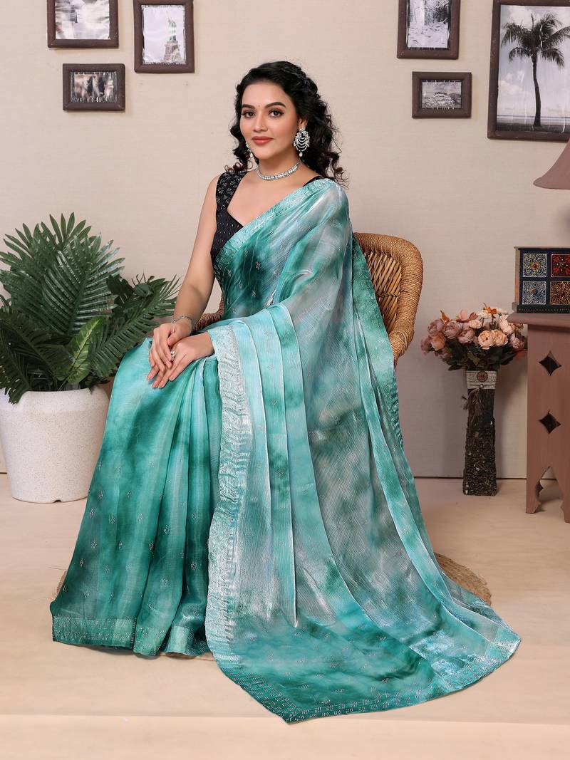 Rama Silk Saree With Zimmi Choo Diamond Work Saree With Contrast Blouse