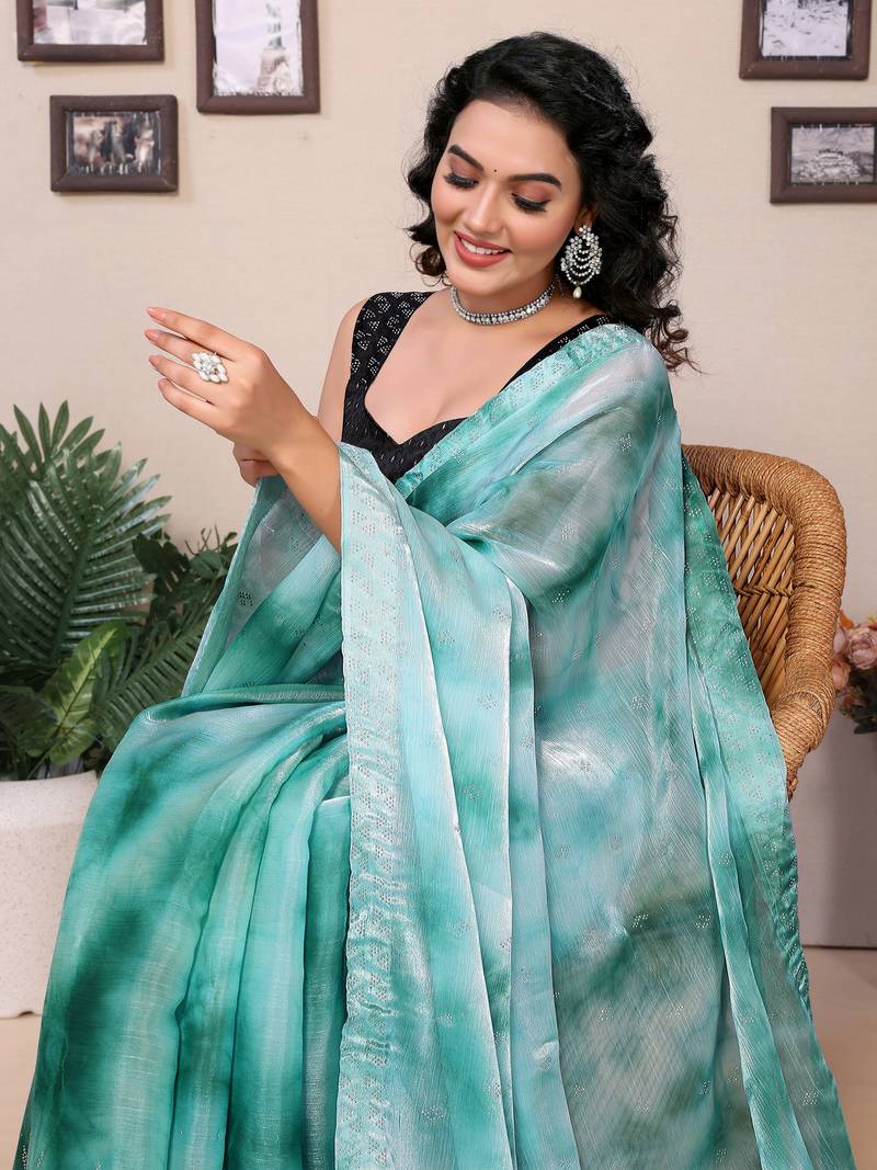 Rama Silk Saree With Zimmi Choo Diamond Work Saree With Contrast Blouse