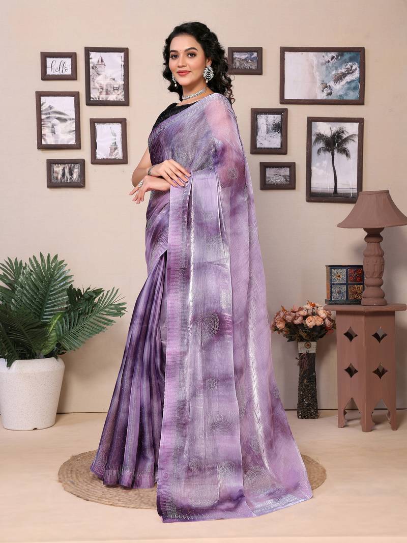 Purple Silk Saree With Zimmi Choo Diamond Work Saree With Contrast Blouse