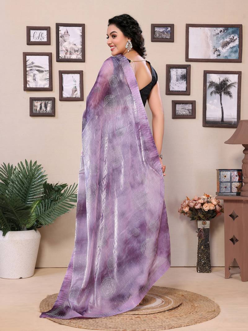 Purple Silk Saree With Zimmi Choo Diamond Work Saree With Contrast Blouse