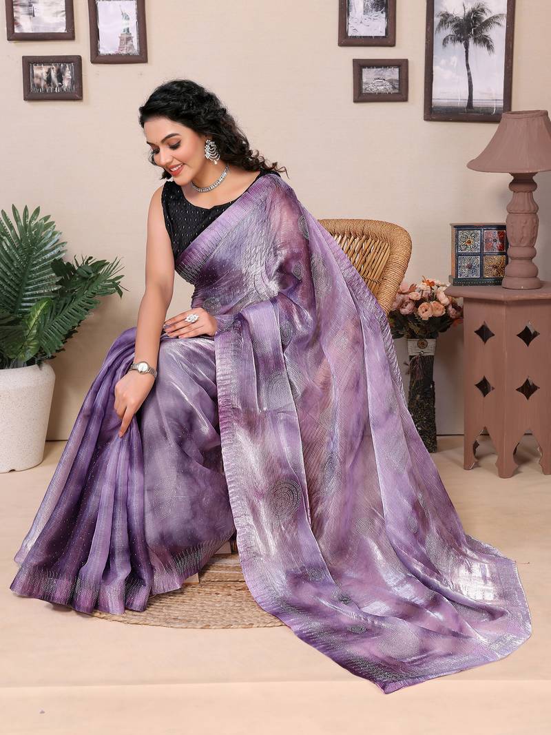 Purple Silk Saree With Zimmi Choo Diamond Work Saree With Contrast Blouse