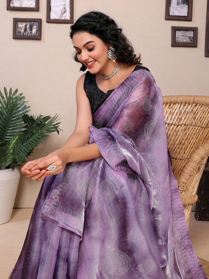 Purple Silk Saree With Zimmi Choo Diamond Work Saree With Contrast Blouse