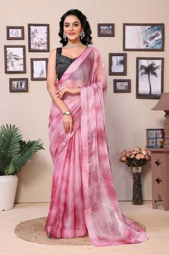 Pink Jimmi choo Diamond Border work saree with Conrust Blouse