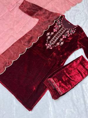 Maroon velvet kurti with pant and dupatta for women 6