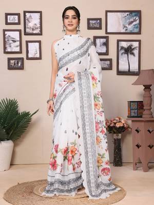 Ready To Wear White Kota Doriya Saree Embroidery Cut Work Scallop Border Saree With Blouse 1