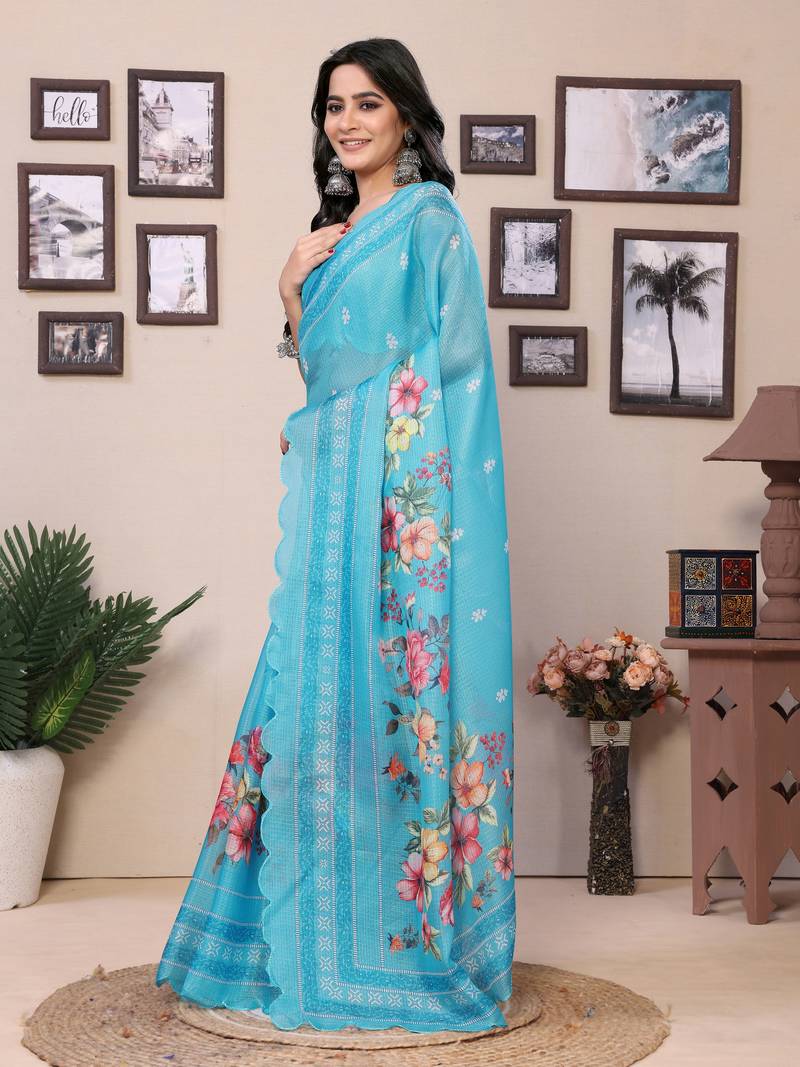 Ready To Wear Rama Kota Doriya Saree Embroidery Cut Work Scallop Border Saree With Blouse