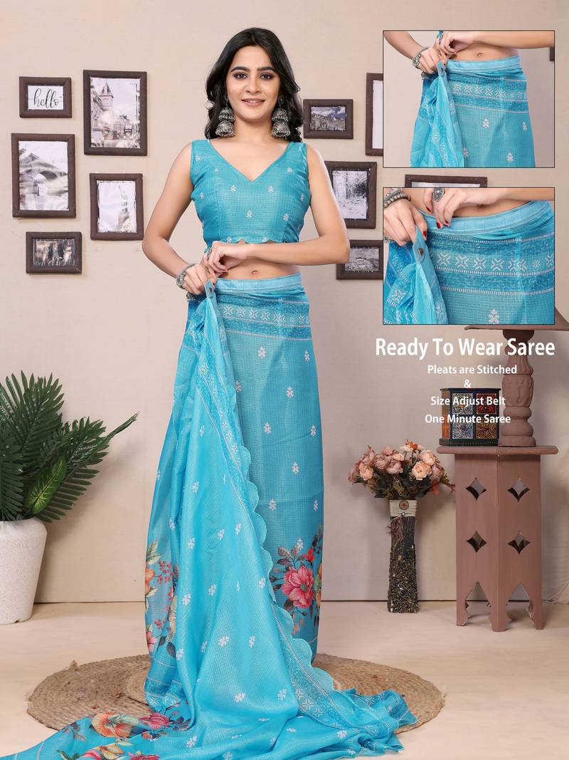 Ready To Wear Rama Kota Doriya Saree Embroidery Cut Work Scallop Border Saree With Blouse