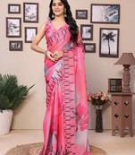 Ready To Wear Pink Kota Doriya Saree Embroidery Cut Work Scallop Border Saree With Blouse