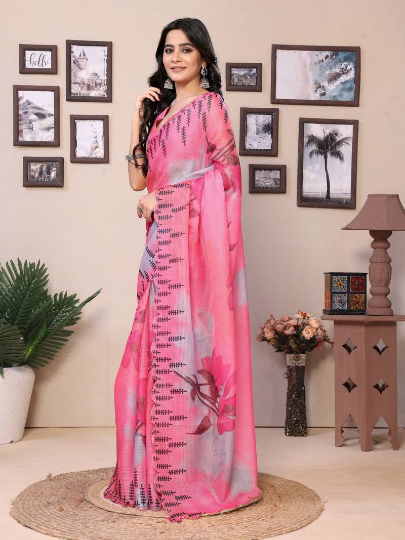 Ready To Wear Pink Kota Doriya Saree Embroidery Cut Work Scallop Border Saree With Blouse