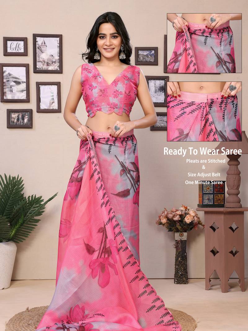 Ready To Wear Pink Kota Doriya Saree Embroidery Cut Work Scallop Border Saree With Blouse